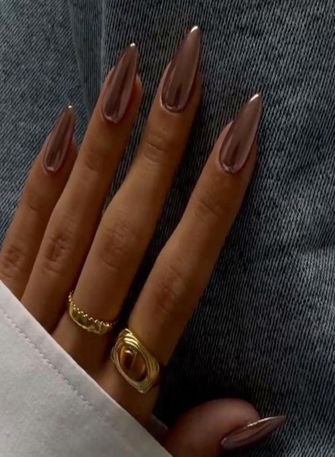 SEMATA Brown Chrome Acrylic Press on Nails Almond Medium Acrylic Nails Press ons Brown Glue on Fake Nail with Bling Glossy Designs Reusable Artificial Stick on False Nail for Women 24Pcs - Image 1